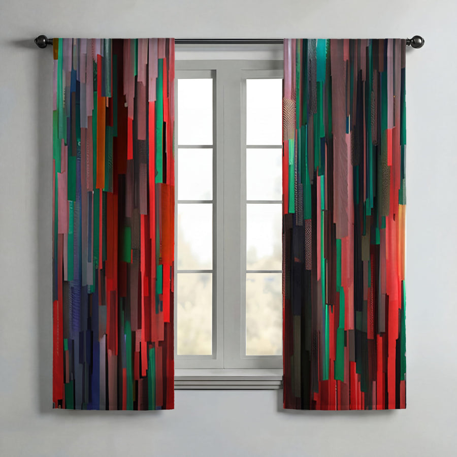 Red and Green Vertical Broken Stripe Abstract Pattern Window Curtains
