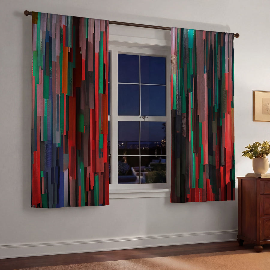 Red and Green Vertical Broken Stripe Abstract Pattern Window Curtains