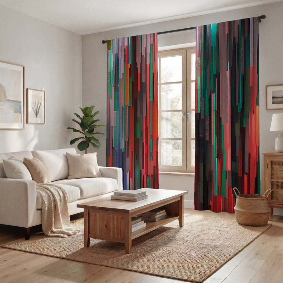 Red and Green Vertical Broken Stripe Abstract Pattern Window Curtains