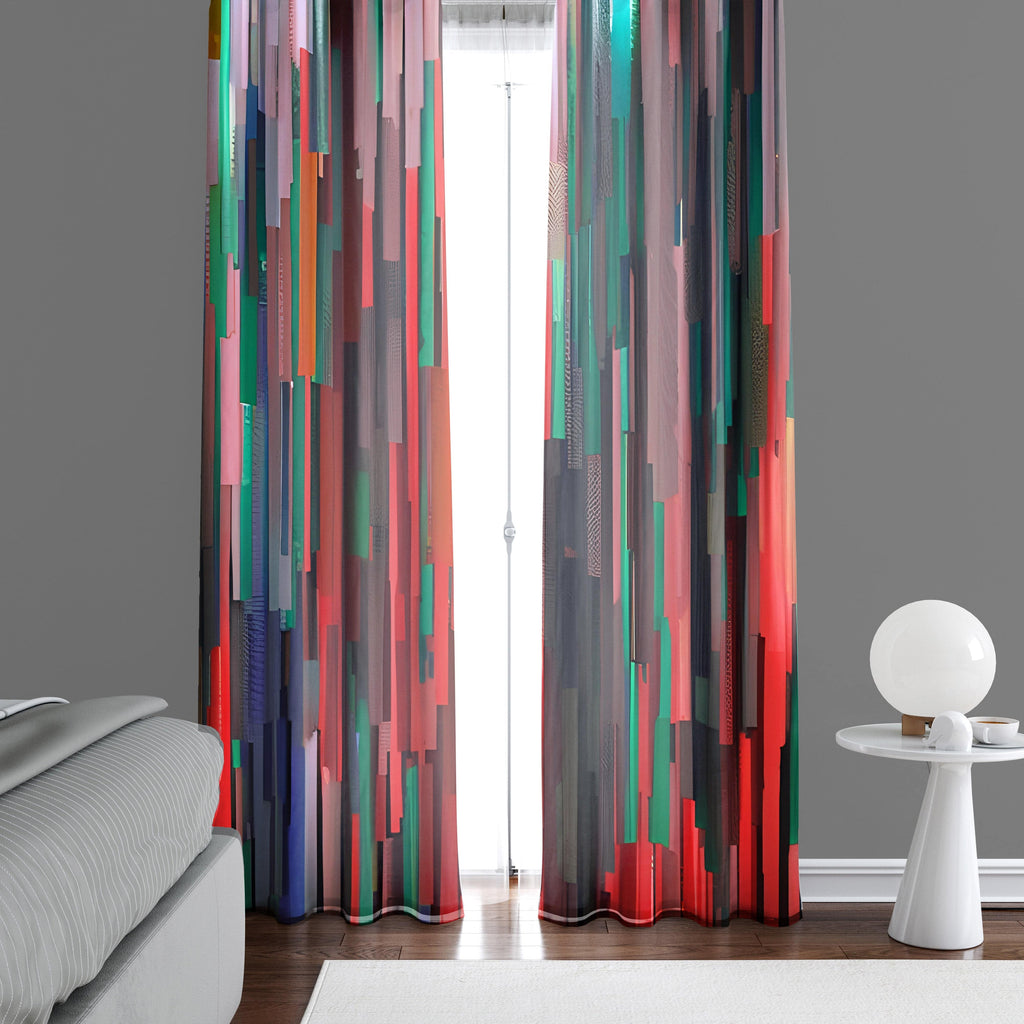 Abstract Striped Window Curtains - Red and Blue Falling Fire and Rain - Deja Blue Studios