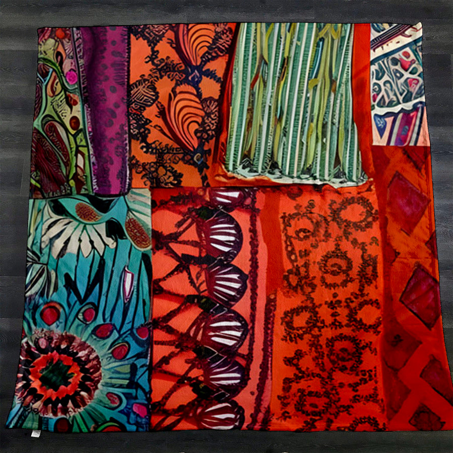 Multicolor Patchwork Textile Pattern Fleece Sherpa Blanket