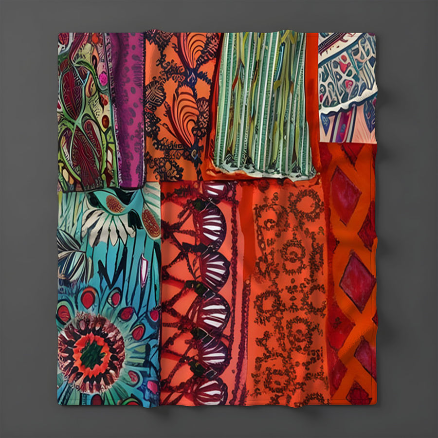 Multicolor Patchwork Textile Pattern Fleece Sherpa Blanket