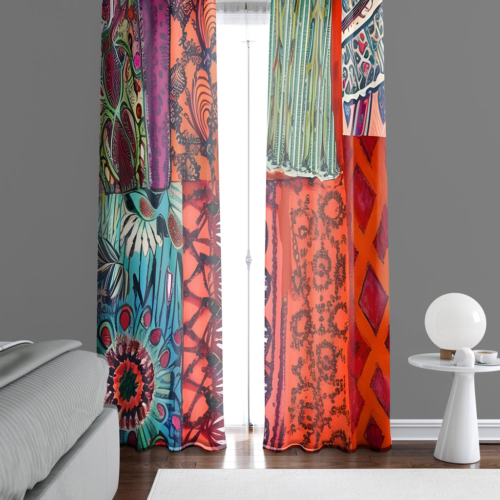 Bohemian Rags Window Curtains - Red Multi Colored Abstract Block Design - Deja Blue Studios