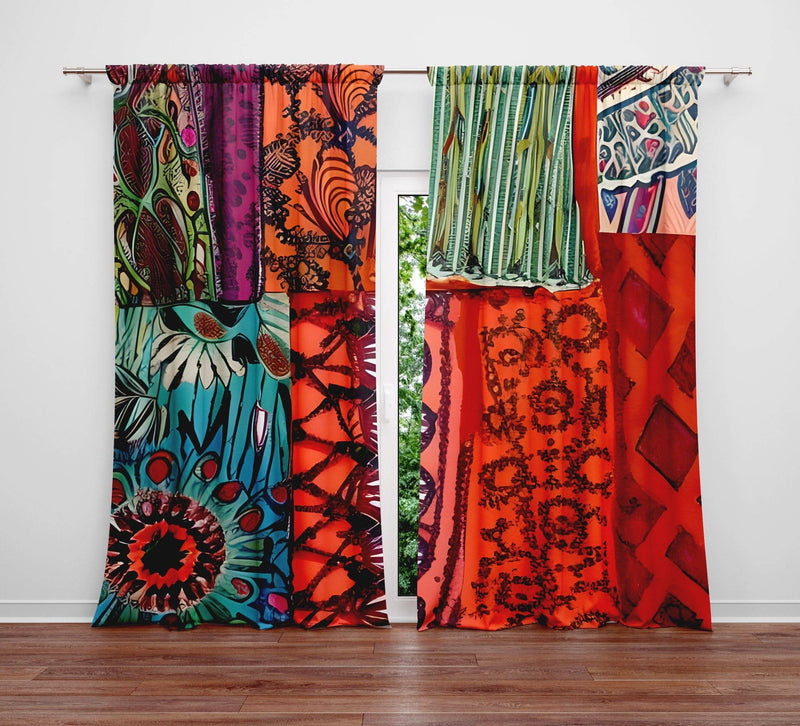 Bohemian Rags Window Curtains - Red Multi Colored Abstract Block Design - Deja Blue Studios