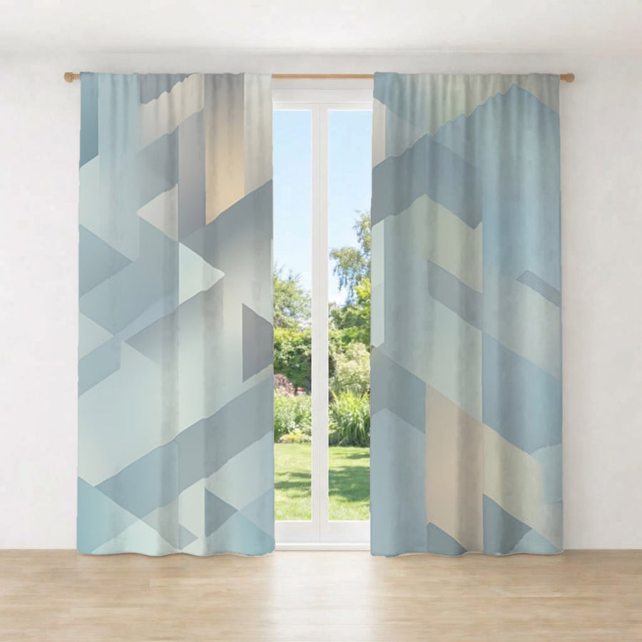Blue Geometric Facet Pattern Window Curtains