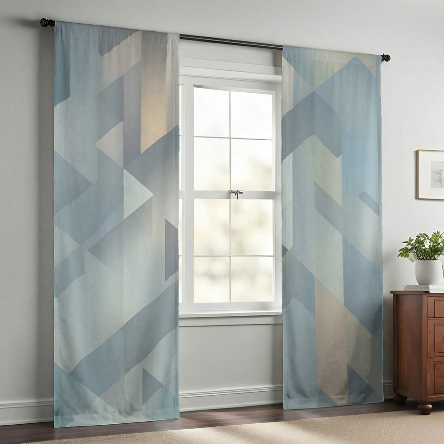 Blue Geometric Facet Pattern Window Curtains