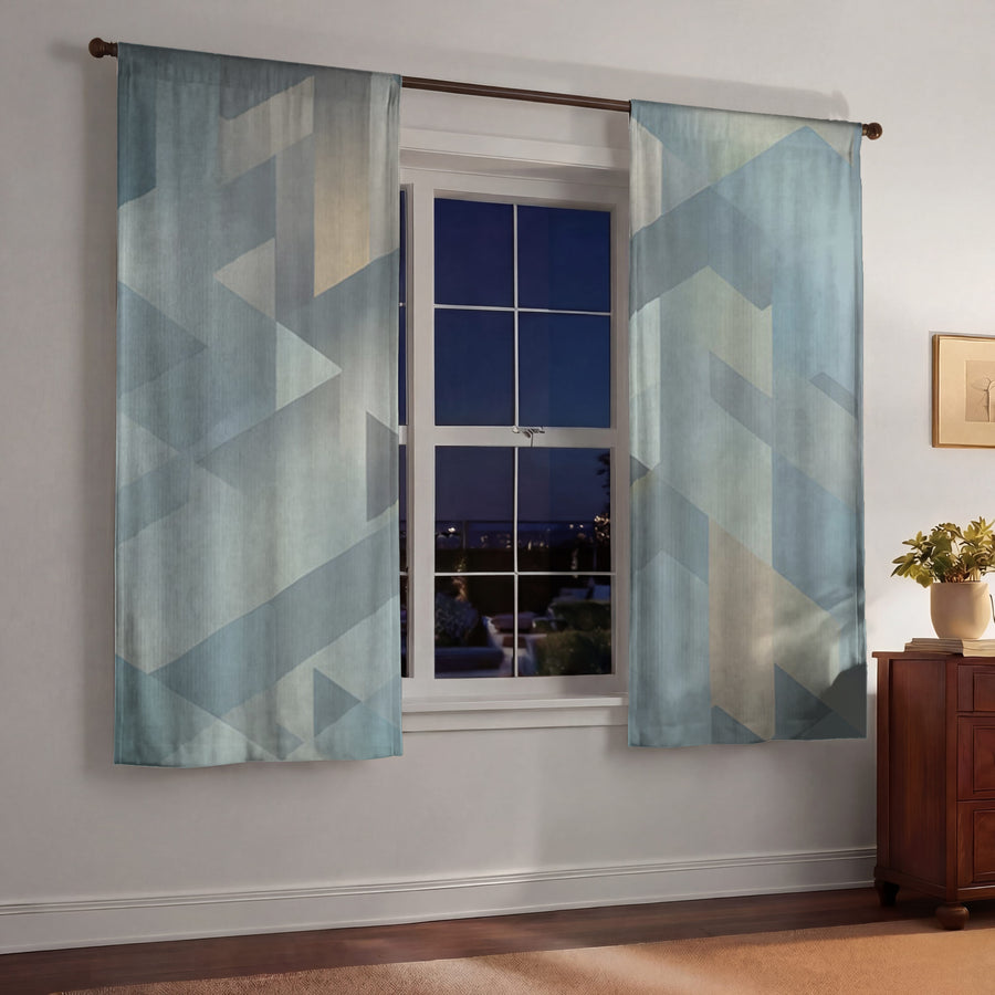 Blue Geometric Facet Pattern Window Curtains