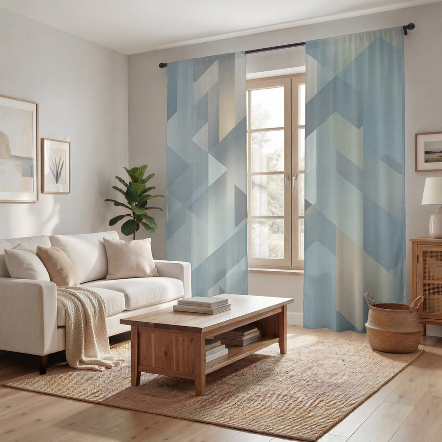 Blue Geometric Facet Pattern Window Curtains