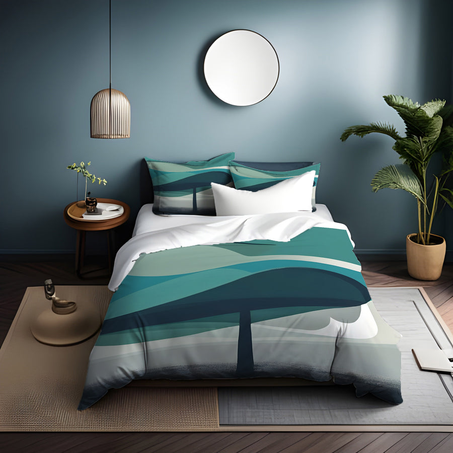 Teal Minimalist Tree Landscape Artwork Duvet Cover