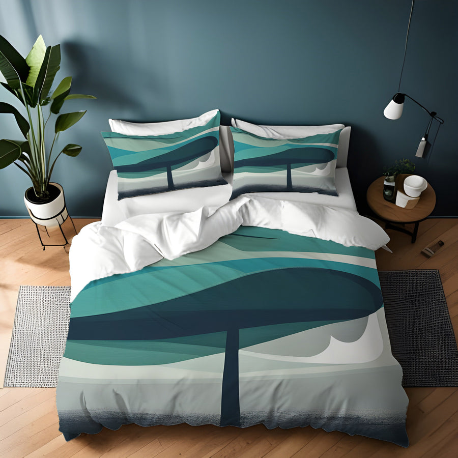 Teal Minimalist Tree Landscape Artwork Duvet Cover
