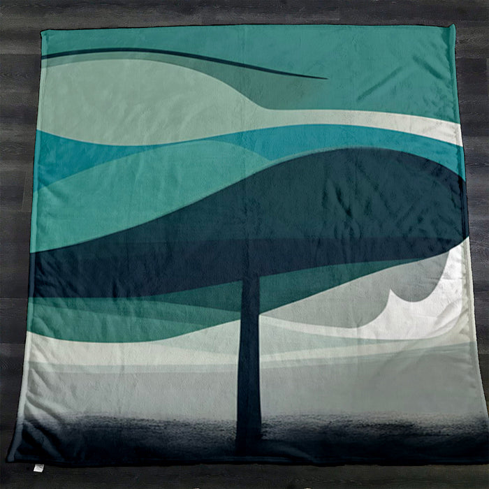 Teal Minimalist Tree Landscape Artwork Fleece Sherpa Blanket