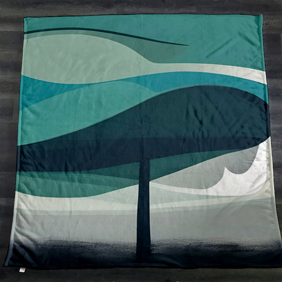 Teal Minimalist Tree Landscape Artwork Fleece Sherpa Blanket