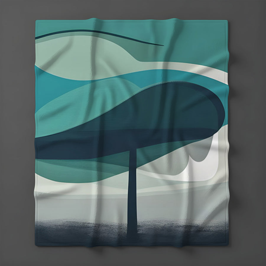 Teal Minimalist Tree Landscape Artwork Fleece Sherpa Blanket