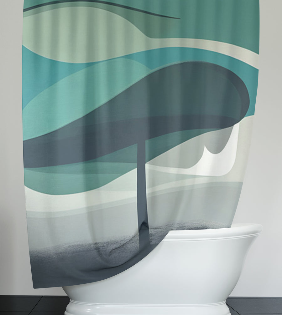 Teal Minimalist Tree Landscape Artwork Shower Curtain