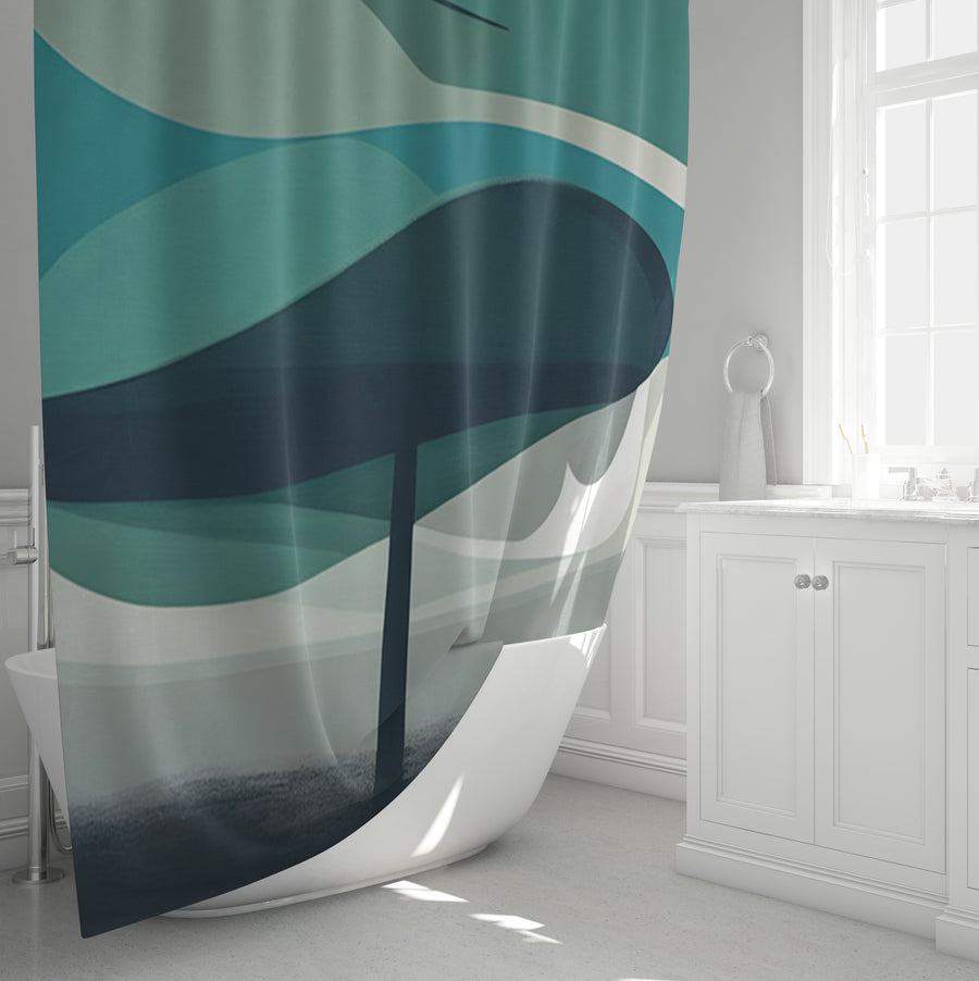 Teal Minimalist Tree Landscape Artwork Shower Curtain