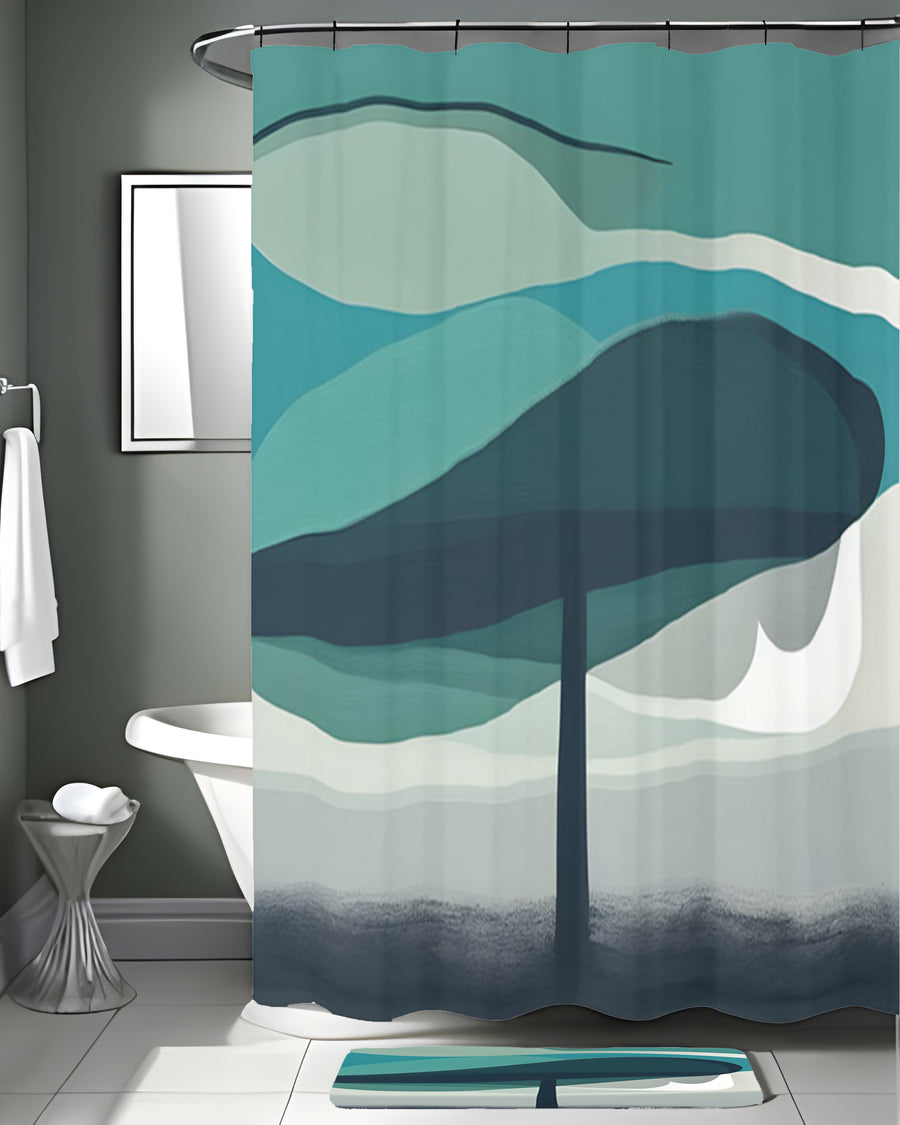 Teal Minimalist Tree Landscape Artwork Shower Curtain