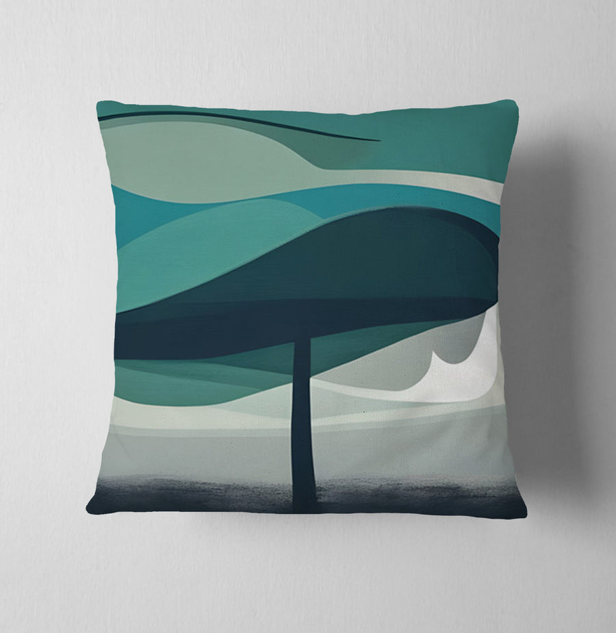 Teal Minimalist Tree Landscape Artwork Throw Pillow Cover