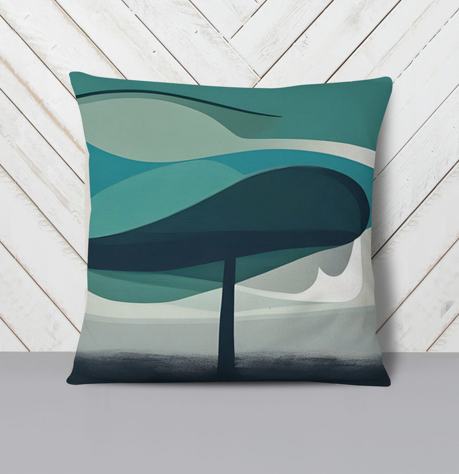Teal Minimalist Tree Landscape Artwork Throw Pillow Cover