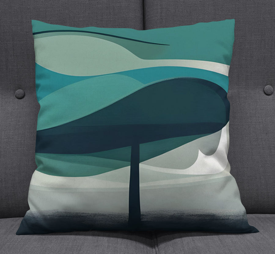 Teal Minimalist Tree Landscape Artwork Throw Pillow Cover