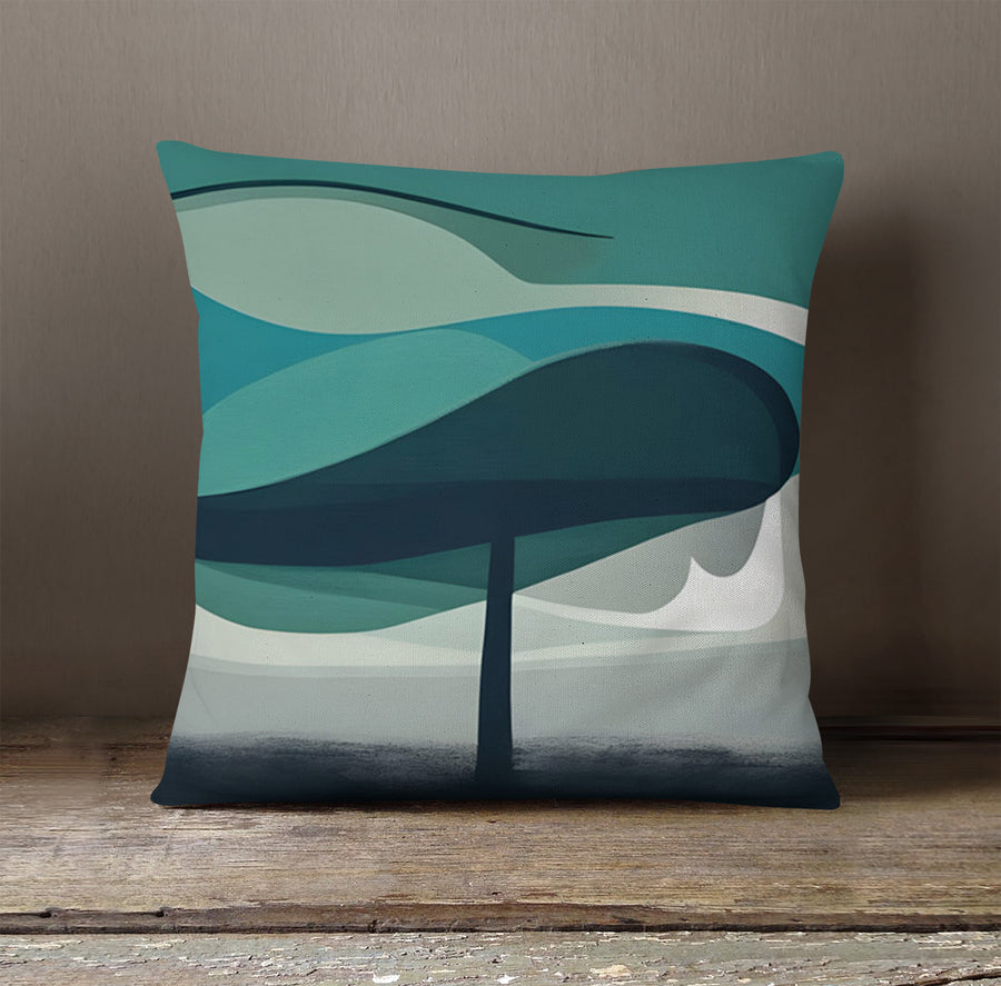 Teal Minimalist Tree Landscape Artwork Throw Pillow Cover