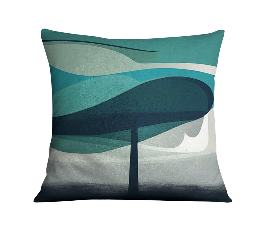 Teal Minimalist Tree Landscape Artwork Throw Pillow Cover