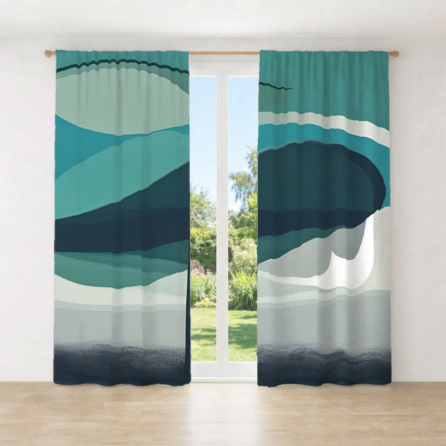 Teal Minimalist Tree Landscape Artwork Window Curtains