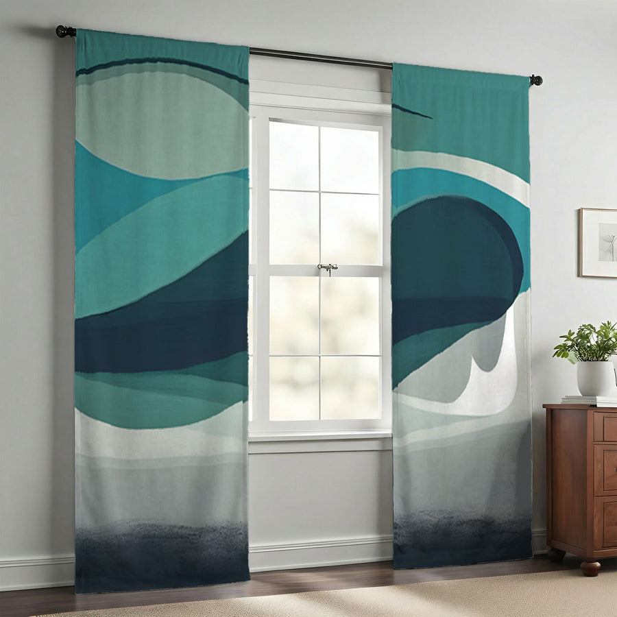 Teal Minimalist Tree Landscape Artwork Window Curtains