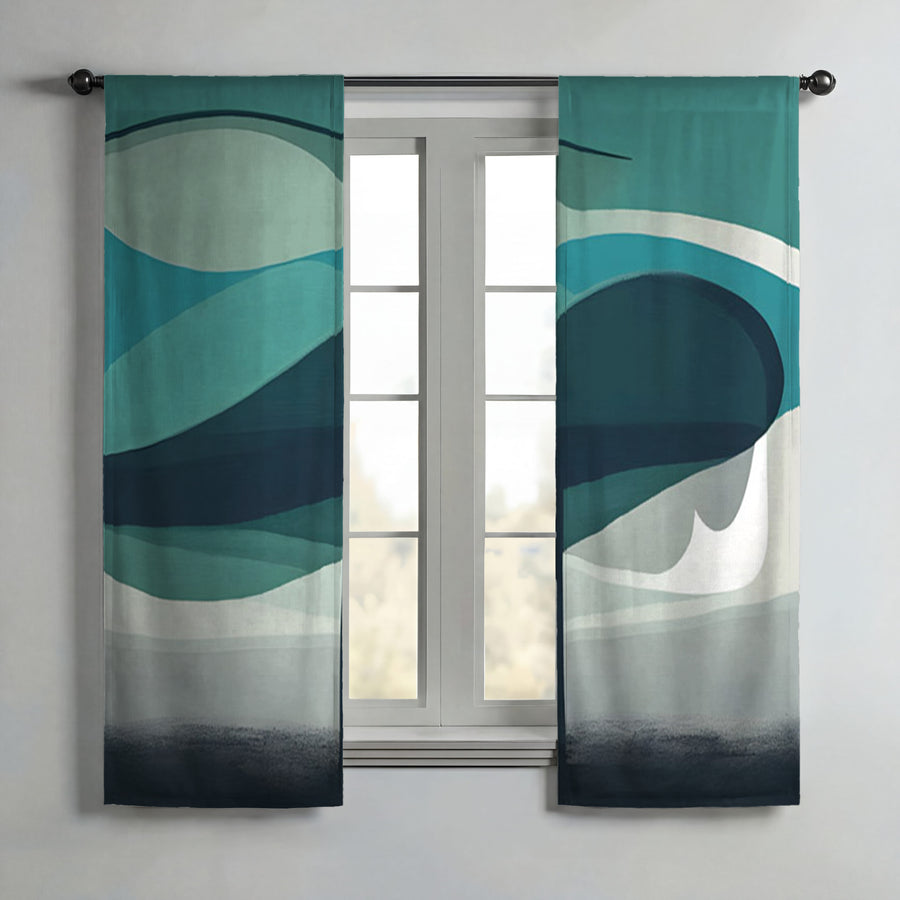 Teal Minimalist Tree Landscape Artwork Window Curtains