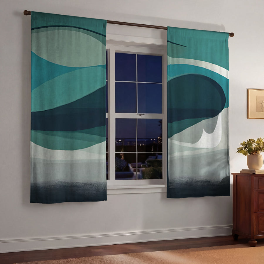 Teal Minimalist Tree Landscape Artwork Window Curtains