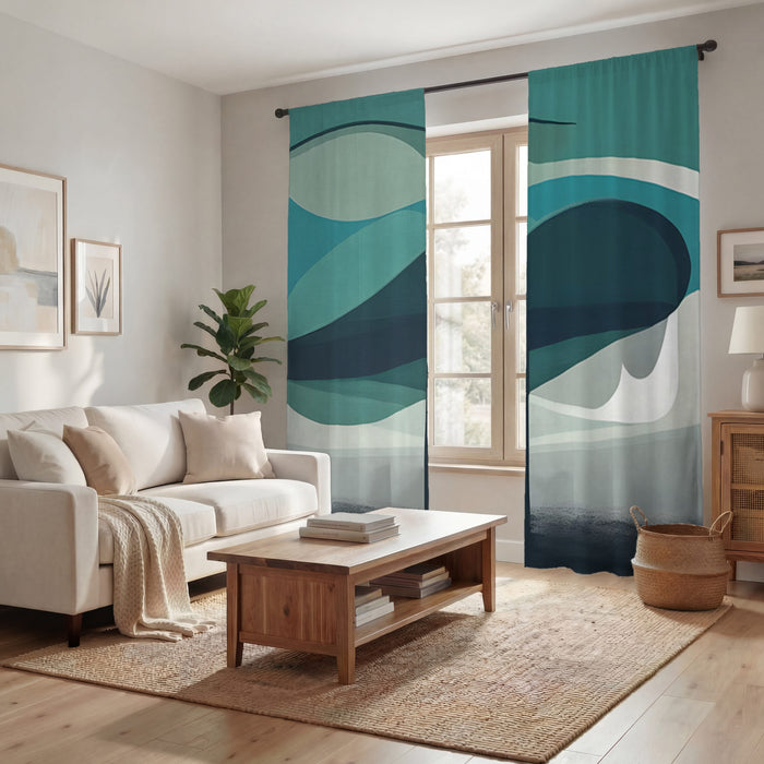 Teal Minimalist Tree Landscape Artwork Window Curtains