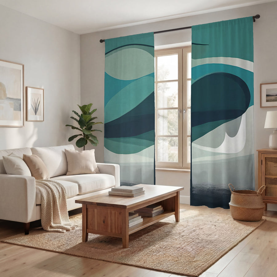 Teal Minimalist Tree Landscape Artwork Window Curtains