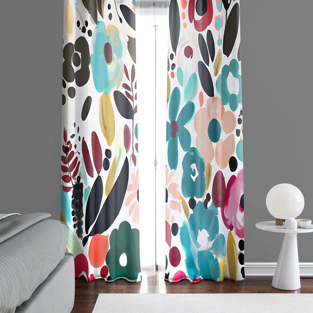Whimsical Window Curtains - Multi Color Fun Floral Pattern - Deja Blue Studios