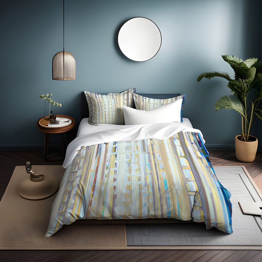 Beige and Blue Vertical Stripe Pattern Duvet Cover