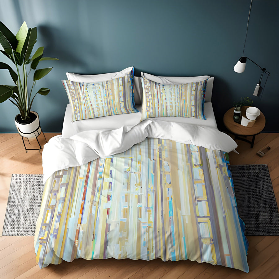 Beige and Blue Vertical Stripe Pattern Duvet Cover