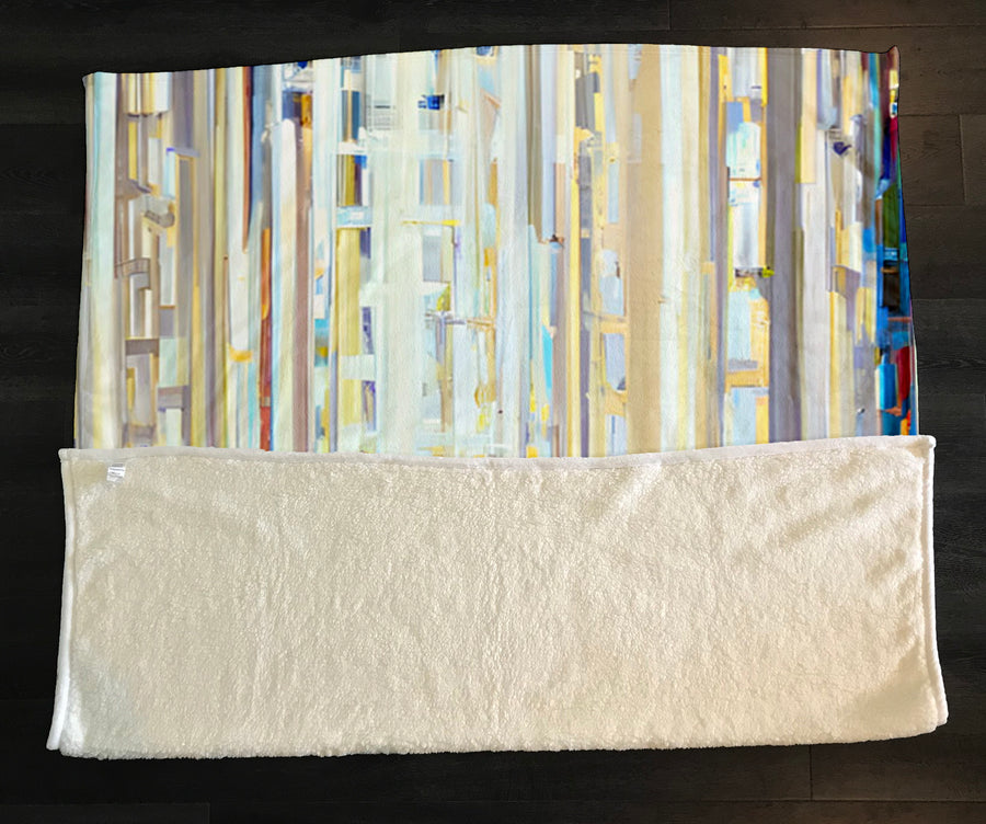 Beige and Blue Vertical Stripe Pattern Fleece Sherpa Blanket