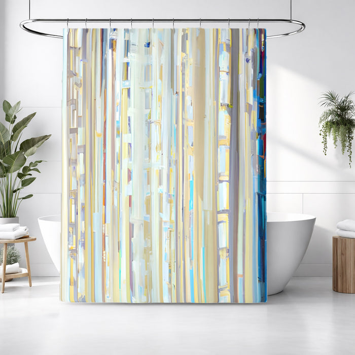 Beige and Blue Vertical Stripe Pattern Shower Curtain