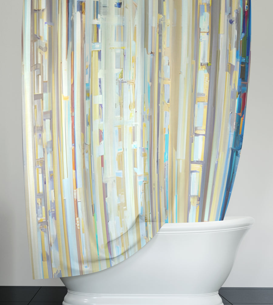 Beige and Blue Vertical Stripe Pattern Shower Curtain