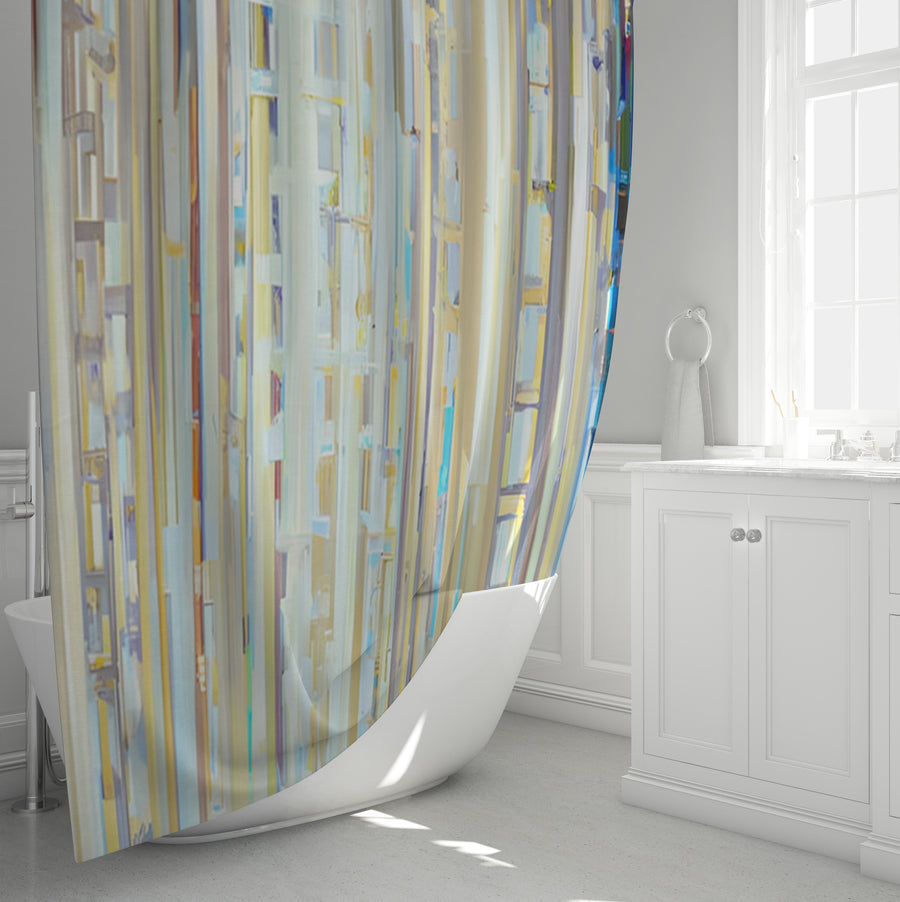 Beige and Blue Vertical Stripe Pattern Shower Curtain