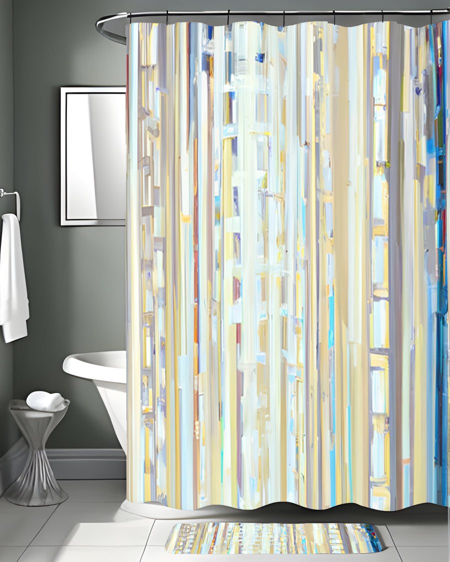 Beige and Blue Vertical Stripe Pattern Shower Curtain