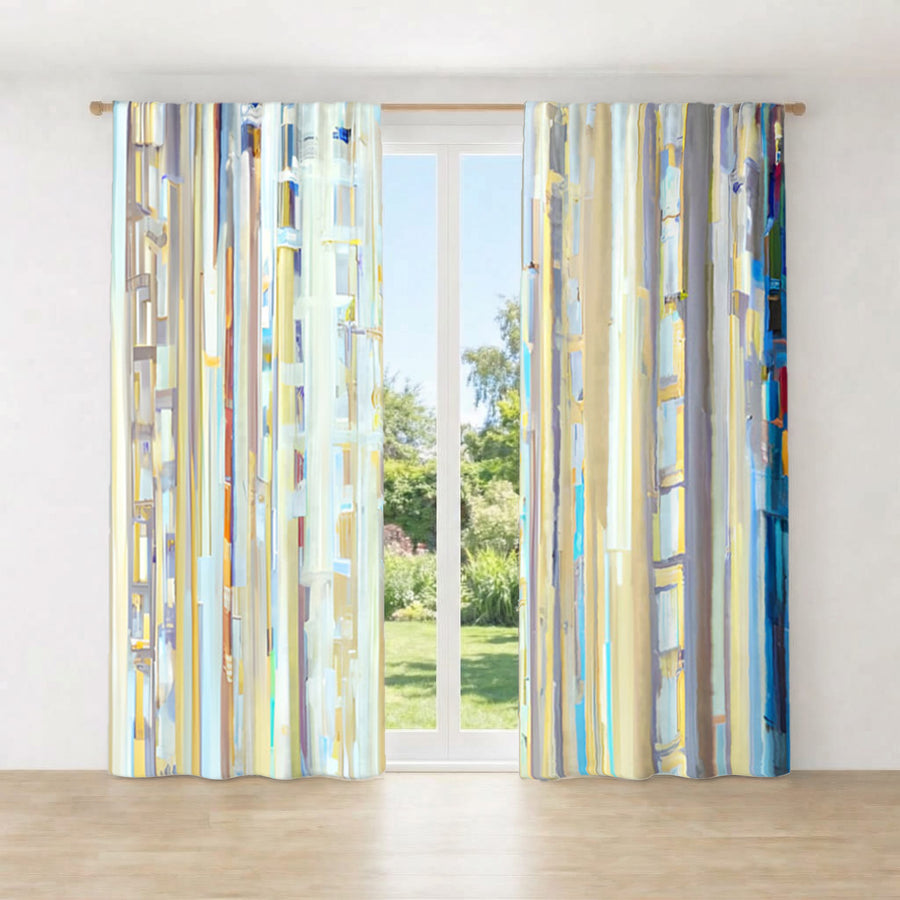 Beige and Blue Vertical Stripe Pattern Window Curtains