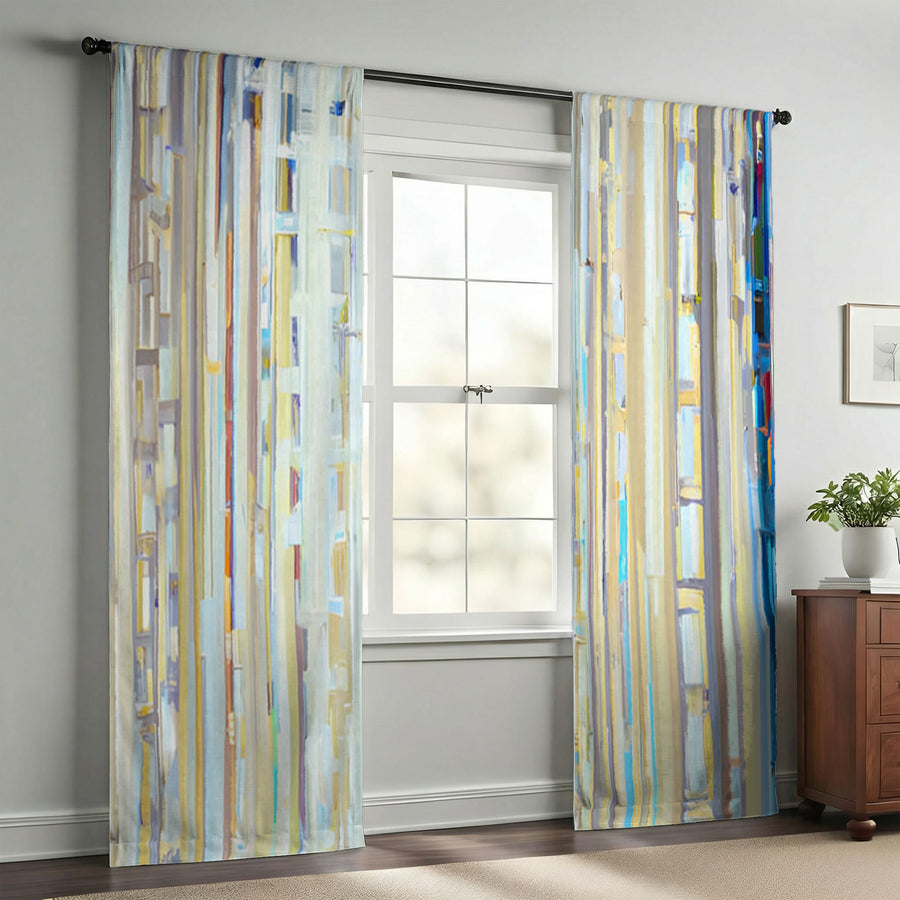 Beige and Blue Vertical Stripe Pattern Window Curtains
