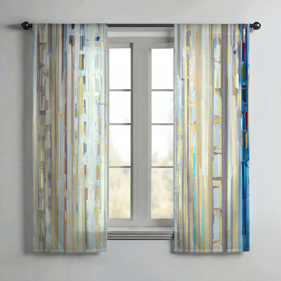 Beige and Blue Vertical Stripe Pattern Window Curtains