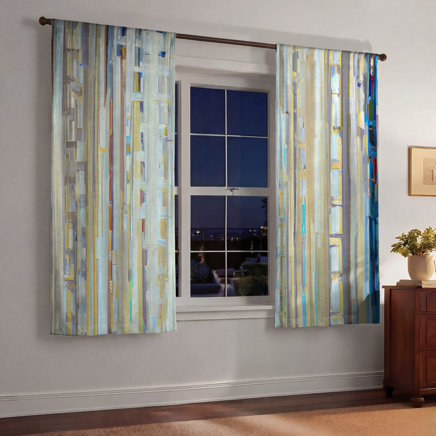 Beige and Blue Vertical Stripe Pattern Window Curtains
