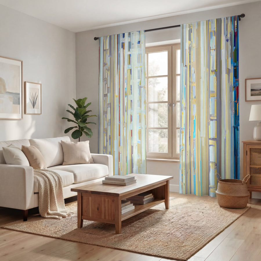 Beige and Blue Vertical Stripe Pattern Window Curtains
