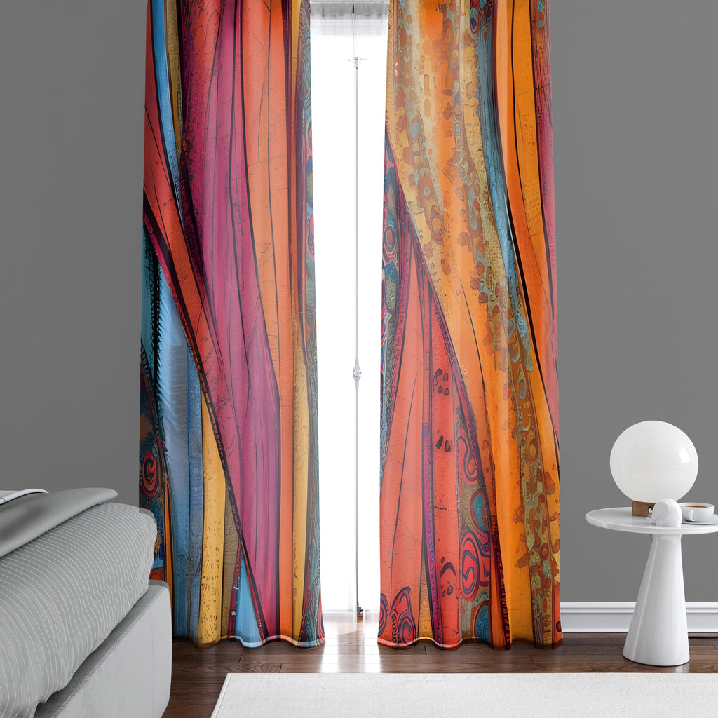 Bohemian Rags Window Curtains - Red Abstract Flowing Pattern - Deja Blue Studios