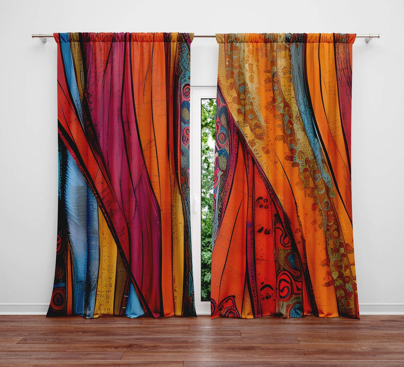 Bohemian Rags Window Curtains - Red Abstract Flowing Pattern - Deja Blue Studios