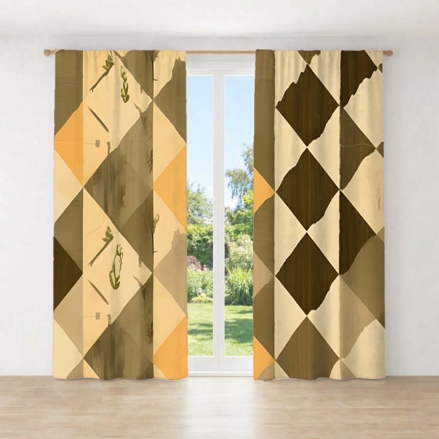 Beige and Brown Diamond Geometric Pattern Window Curtains
