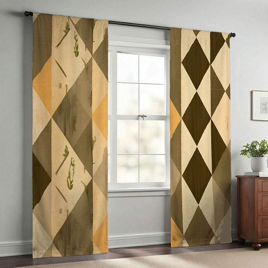 Beige and Brown Diamond Geometric Pattern Window Curtains