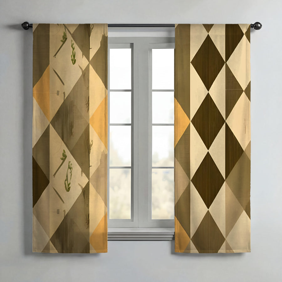 Beige and Brown Diamond Geometric Pattern Window Curtains