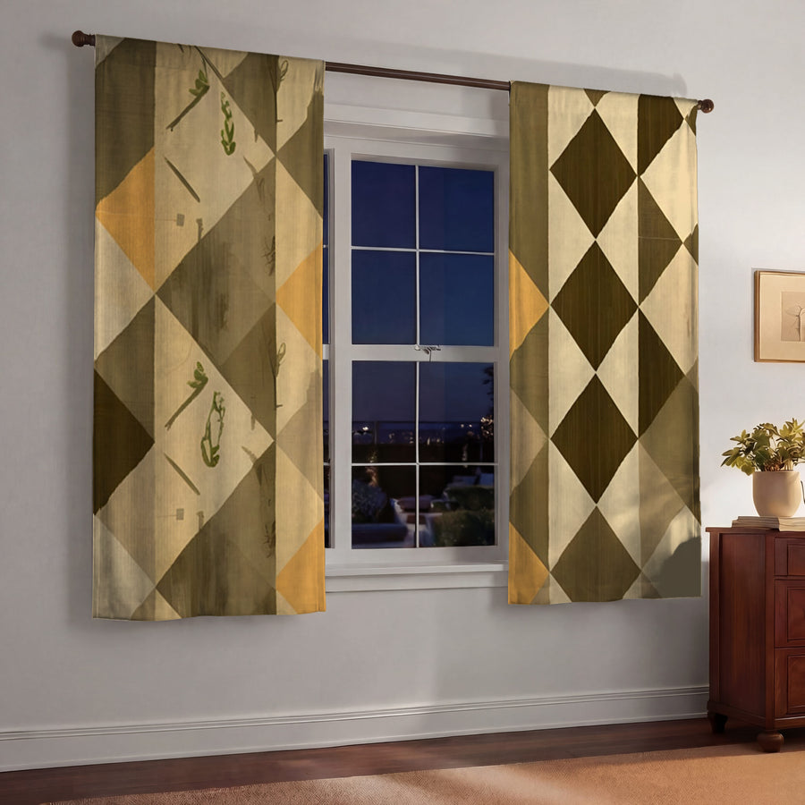 Beige and Brown Diamond Geometric Pattern Window Curtains